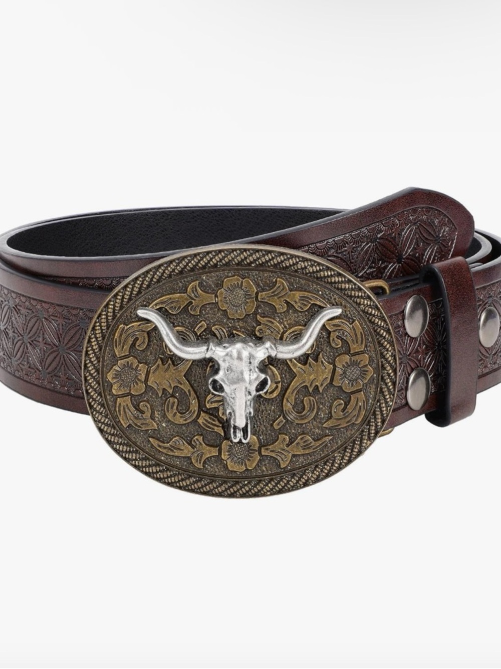 Western Tooled Brown Leather Belt with Longhorn Oval Buckle size 29*32